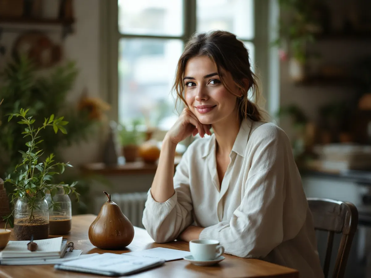 Mujer sentada en su cocina con un mate y una libreta con anotaciones, sonriendo tranquila.