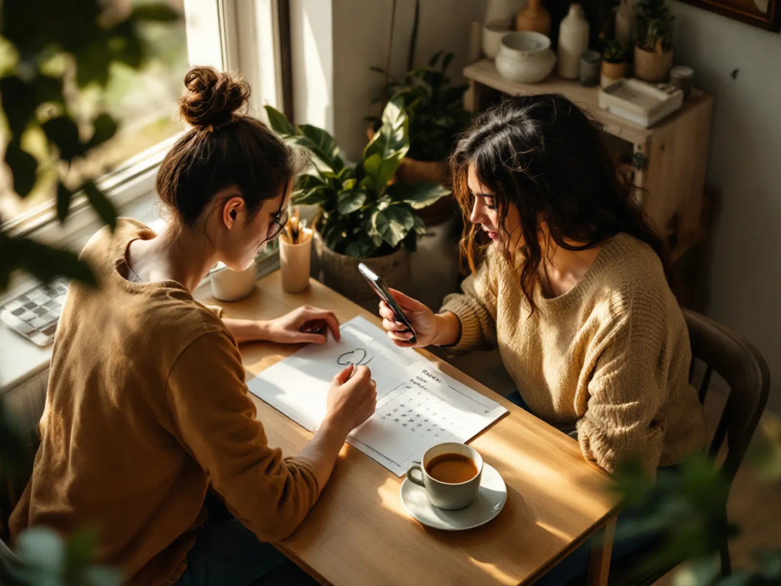 Dos mujeres sentadas a la mesa de la cocina con luz de tarde, mirando el teléfono junto a un calendario dibujado a mano con un mes marcado.