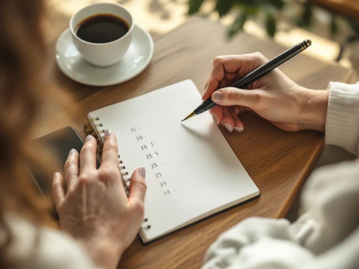 Manos escribiendo a lápiz una lista de números en una libreta, sobre una mesa de madera, junto a una taza de café.