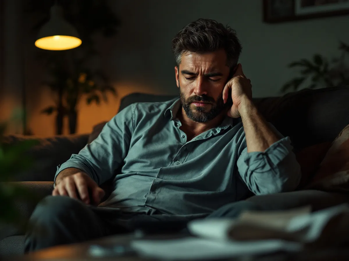 Hombre sentado en el sillón de noche, con el resumen de la tarjeta sobre la mesa y gesto de preocupación.